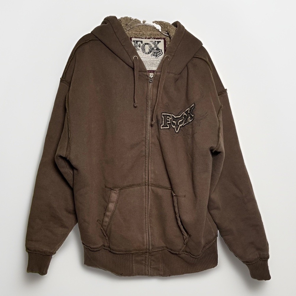 Vintage Fox Racing Sasquatch Hoodie Mens 2XL Faux Fur Y2K Sherpa Brown Zip